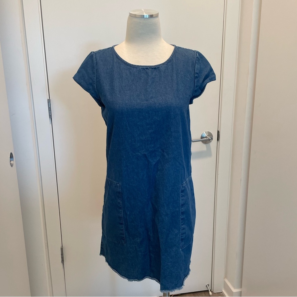 Zara Blue Sheath Chambray denim Dress Cap Sleeve Crew Neck Casual